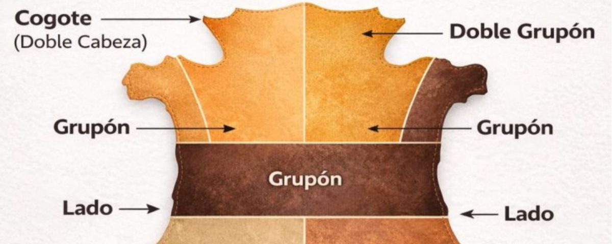 Partes de una pieza de cuero vaqueta vegetal: cogote, doble grupón, grupón, lado y falda