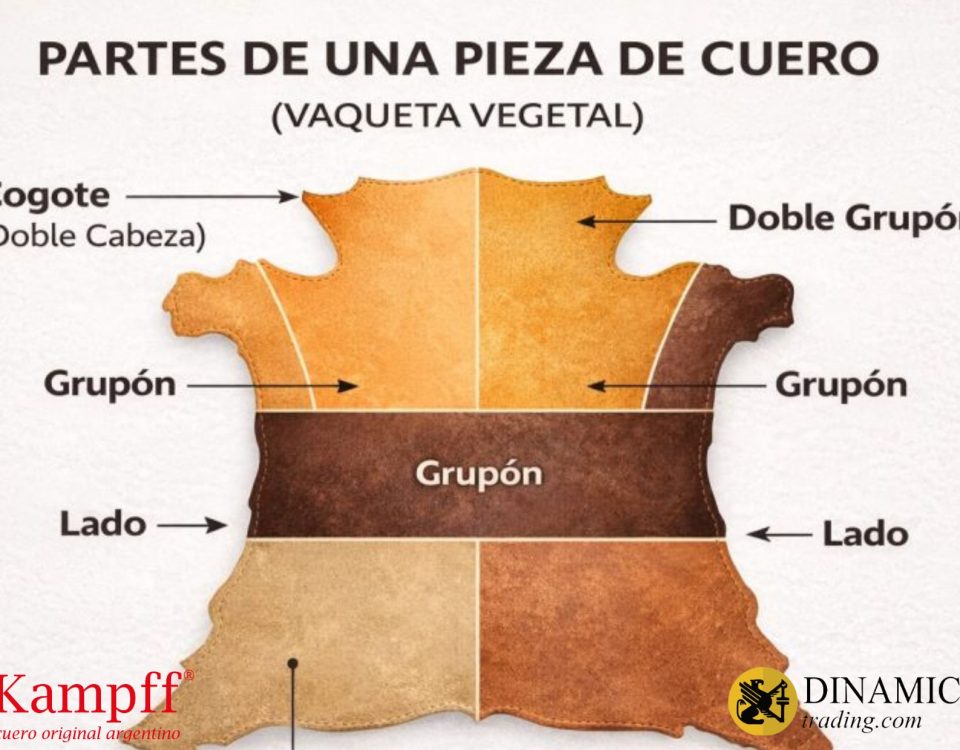 Partes de una pieza de cuero vaqueta vegetal: cogote, doble grupón, grupón, lado y falda